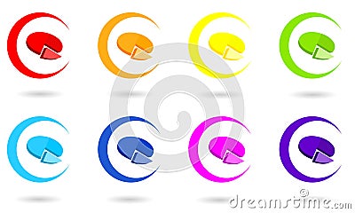Set of circle icons with 3D pie chart in rainbow colors. Vector Illustration