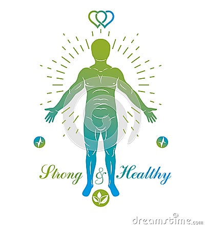 Vector graphic illustration of strong male, body silhouette standing. Creative metaphor of harmony between human and nature powers Vector Illustration