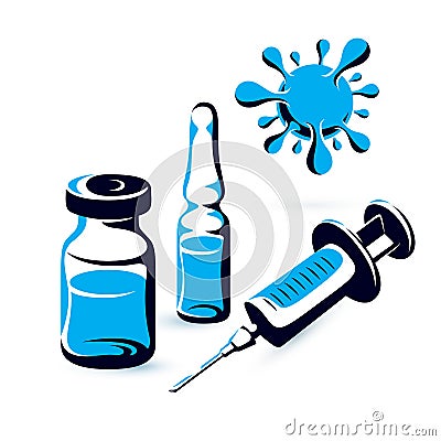 Vector graphic illustration of vial, medical syringe for injections. Scheduled vaccination theme Vector Illustration