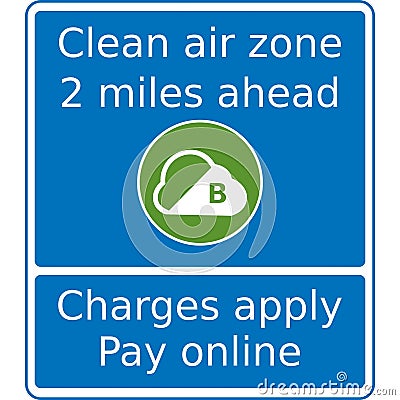 Vector graphic road sign for a clean air zone two miles ahead. Charges will be raised which need to be paid online Vector Illustration