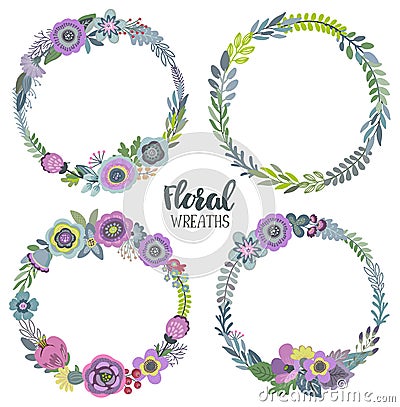 Vector graphic set with four beautiful floral wreaths. Vector Illustration