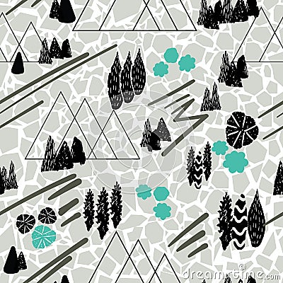 Vector graphic style mountain scene repeat seamless pattern background with a cracked soil texture. Gorgeous on fabric, wallpaper, Stock Photo