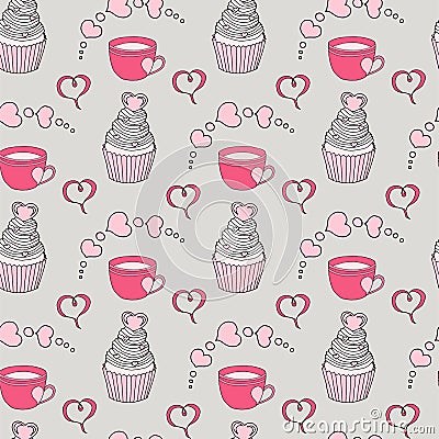 Vector graphic of the various sweets and desserts decorated into seamless pattern. Valentine`s day seamless pattern of Vector Illustration