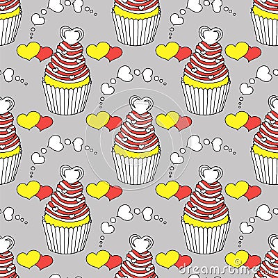 Vector graphic of the various sweets and desserts decorated into seamless pattern. Valentine`s day seamless pattern of Vector Illustration