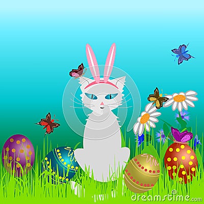 A white cat sits in the grass with a hoop on its head in the form of rabbit ears Vector Illustration