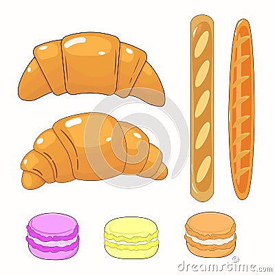 Beautiful, tasty set with french pastries. White background Cartoon Illustration