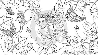 Vector graphics, a cheerful young fairy boy fairy with a butterfly net after butterflies, tries to catch Vector Illustration