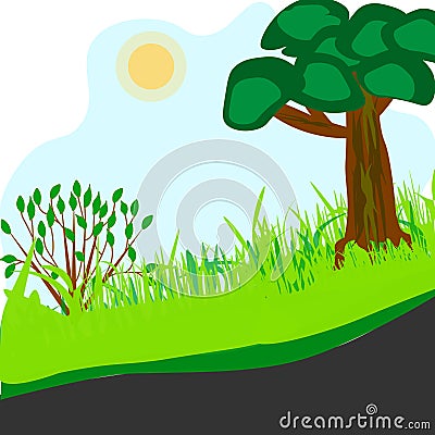 .Ecosystem.Soil on which grass, bush and tree grows. Vector Illustration