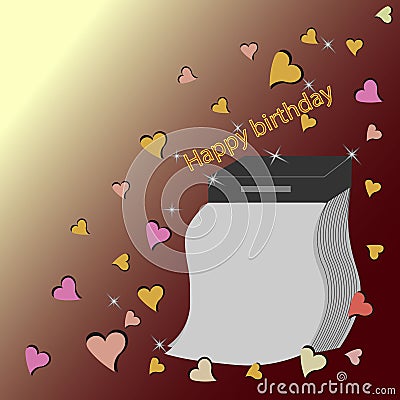 On a golden background, many multi-colored hearts. In the lower corner is an old tear-off calendar with a blank white sheet. Vector Illustration