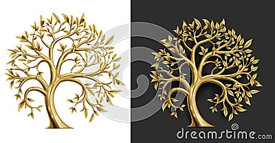 Golden decorative fairy tree round emblem Vector Illustration