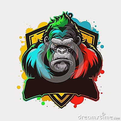 Vector graphics illustration of a gorilla and colorful shield in logo style Cartoon Illustration