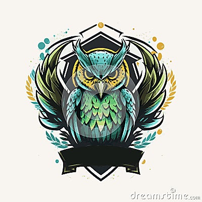Vector graphics illustration of a owl and colorful shield in logo style Cartoon Illustration