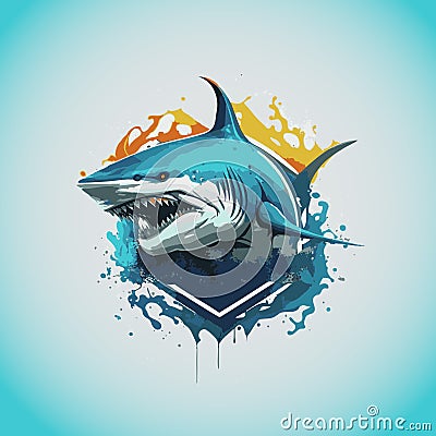 Vector graphics illustration of a shark and colorful shield in logo style Cartoon Illustration