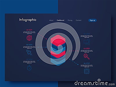 Vector graphics infographics with six options. Template for creating mobile applications, workflow layout, diagram, banner, web Stock Photo