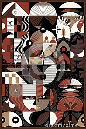 Vector graphics pattern made with abstract forms and generative geometric shapes. Mosaic background in Bauhaus style. Vector Illustration