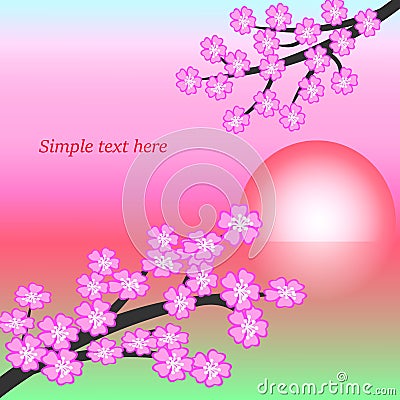 Pink sunrise and two flowering sakura branches Vector Illustration