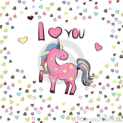 Vector graphics. White heart-shaped frame with the inscription I love you and unicorn . Illustration for Valentine s Day Stock Photo