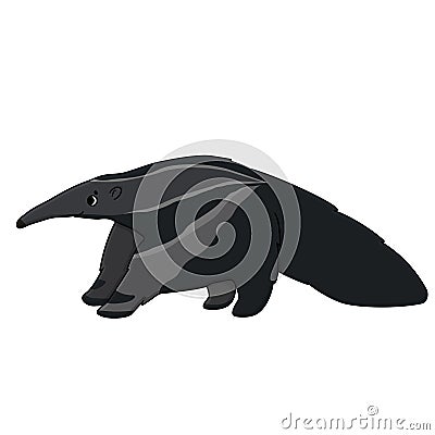 Vector gray beautiful outline cute fluffy cartoon isolated ant-eater or anteater. Animal stands and looks to the left. Hand drawn Vector Illustration