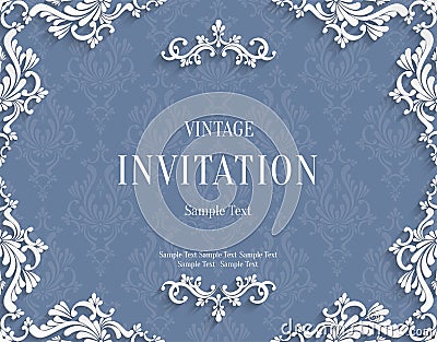 Vector Gray 3d Vintage Invitation Card with Floral Damask Pattern Vector Illustration