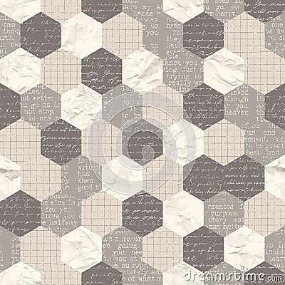 Seamless pattern with grid, crumpled, handwritten and typewriter paper polygon. Grunge scrapbook hexagon background Vector Illustration