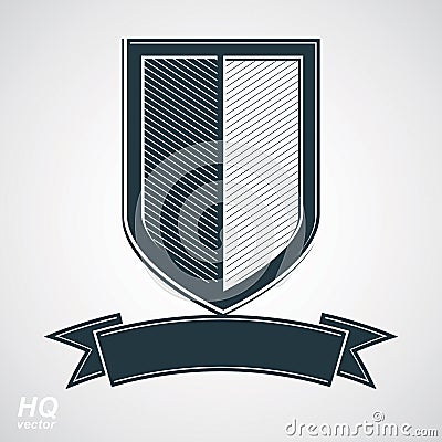 Vector grayscale defense shield with curvy ribbon, protection design graphic element. Vector Illustration