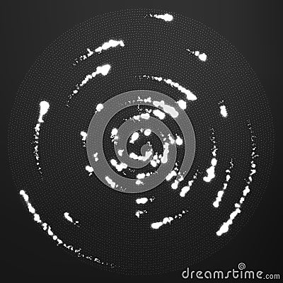 Vector grayscale glowing particles flying around the center leaving trails. Radar like monochrome background. Vector Illustration