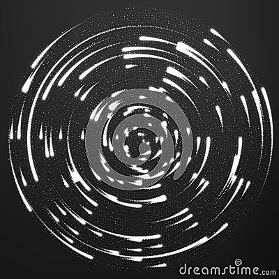 Vector grayscale glowing particles flying around the center leaving trails. Radar like monochrome background. Vector Illustration