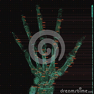 Vector green abstract hand tomography analysis illustration. Digital palm x-ray scan. Medical data MRI visualization Vector Illustration