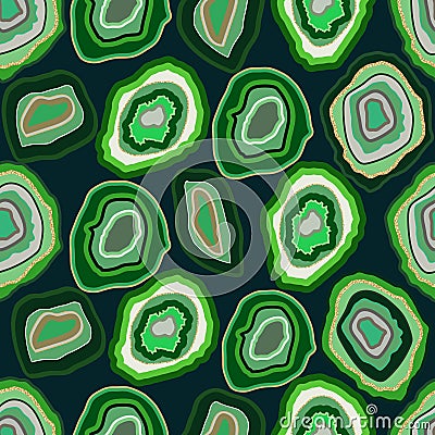 Vector green agate crystal seamless pattern on emerald. A slice of geode stone minerals or thunder egg. Vector Illustration