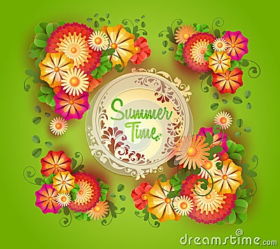 Vector green background with floral frame and space for text Vector Illustration