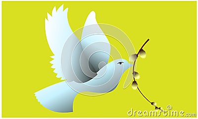 Vector green pigeons blue white birds willow flower yellow branches Stock Photo