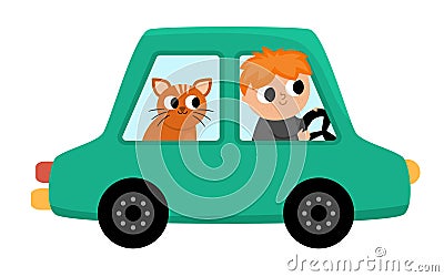 Vector green car with driver and cat. Funny automobile for kids with boy and pet. Cute vehicle clip art with passenger. Retro Vector Illustration