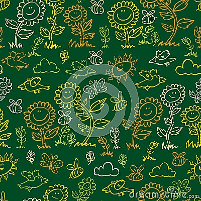 Vector green chalkboard style sunflowers, birds and bees repeat pattern. Suitable for gift wrap, textile and wallpaper Stock Photo