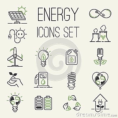 Vector green eco energy icons set energy icons power set battery oil environment nature. Nuclear house atom renewable Vector Illustration