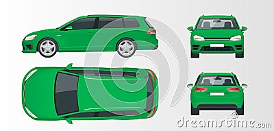 Vector green hatchback car. Compact Hybrid Vehicle. Vector Illustration