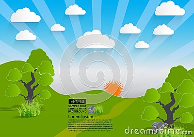 Vector green landscape, mountain with trees and clouds, paper art style Vector Illustration
