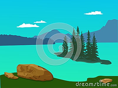 Vector green landscape with mountains, spruces and stones - para Vector Illustration