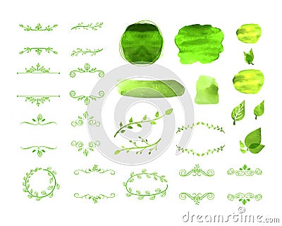 Vector Green Natural Frames, Watercolor Spots, Leaves, Design Elements Isolated on White Background, Blank Borders. Vector Illustration