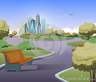 Vector green parkland with trees in city Vector Illustration