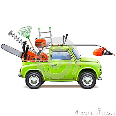 Vector Green Pickup Truck with Garden Equipment Vector Illustration