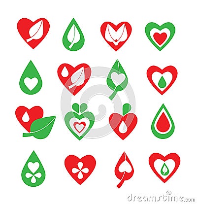 Vector green and red organic, natural, biology, health, wellness, heart, leaf and drop icon set Vector Illustration