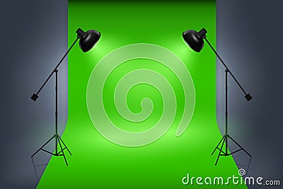Vector green screen studio interior with spotlights Vector Illustration