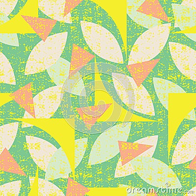 Vector green seamless pattern of colorful abstract geometric shapes with grunge texture. Suitable for textile, gift wrap and Stock Photo