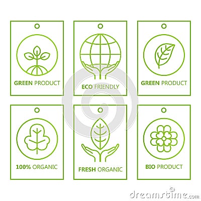 Vector green set of labels in linear style for organic products, food and cosmetics. Vector Illustration