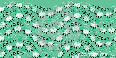 Vector green sheep zzz counting wavy stripes cute doodles horizontal border pattern. Suitable for posters and graphic Vector Illustration
