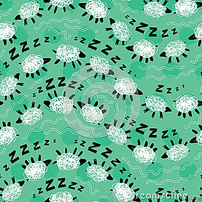 Vector green sheep zzz counting wavy stripes cute doodles seamless pattern. Suitable for textile, gift wrap and Vector Illustration