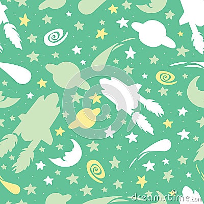 Vector green sillouette space shuttle with stars, moon and comet repeat pattern. Perfect for kids fabric, scrapbooking Vector Illustration
