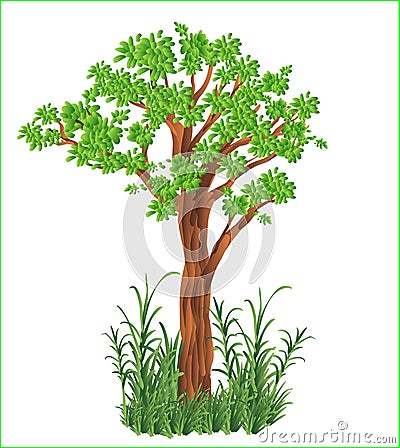 Vector green tree grass bushes natural fresh garden jungle forest Vector Illustration