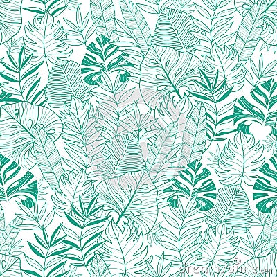 Vector green tropical leaves summer hawaiian seamless pattern with tropical green plants and leaves on navy blue Vector Illustration