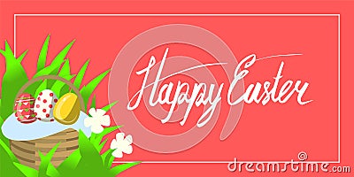 Vector greeting card for happy easter with hand lettering calligraphy and Illustrations in landscape composition Vector Illustration